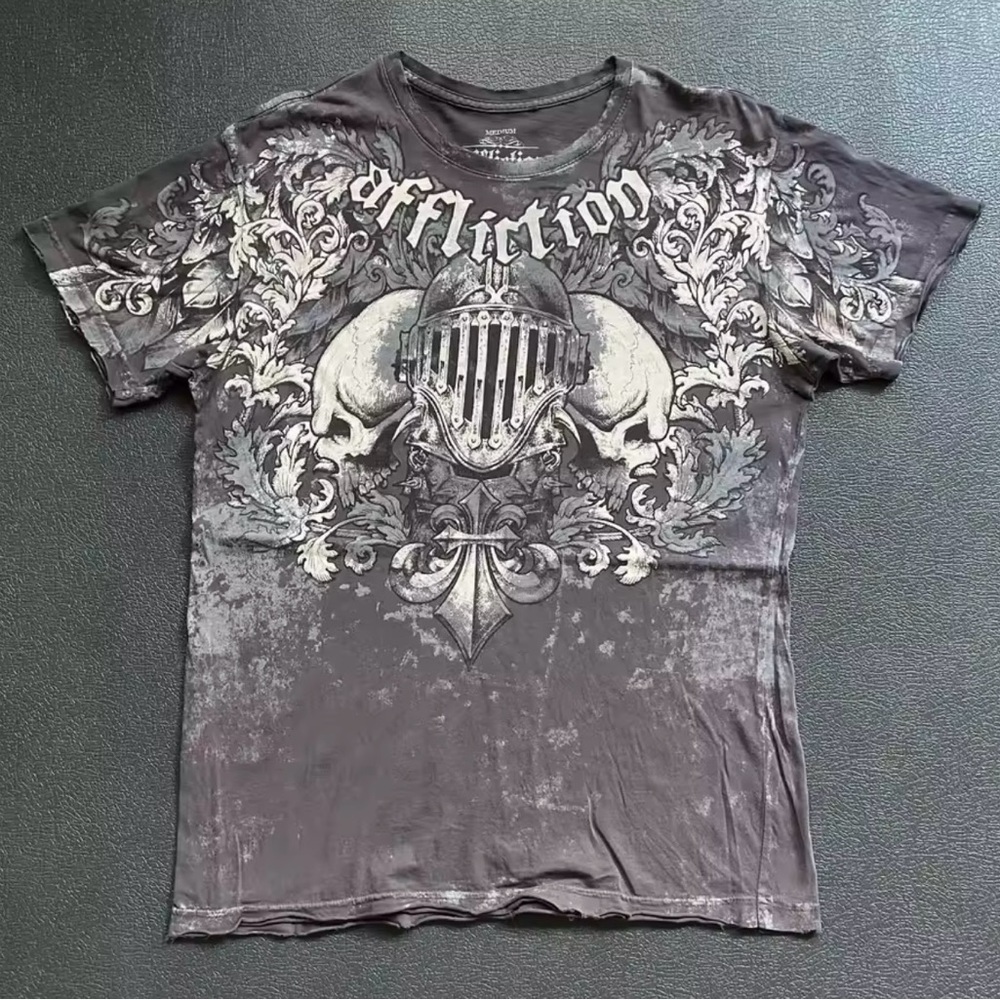 Affliction Black and Gray Short Sleeve Tee with Baroque Design